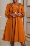 Brown Casual Beading V Neck Lantern Sleeve Ruffle Trim Formal Evening Party Wedding Guest A Line Pleated Midi Dresses