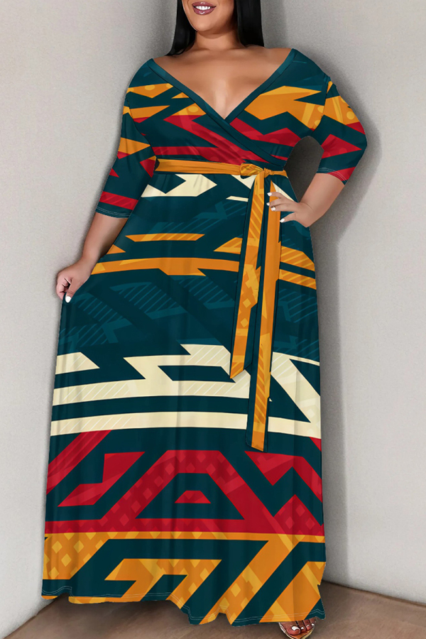 Multicolor Casual Geometry Print V Neck 3/4 Sleeve Floor Length Belt Long Plus Size Vacation Maxi Dresses