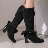 Casual Bow Decor Round Knee High Heel Mid Calf Boots