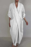 Green Casual Pocket Slit V Neck Half Sleeve Long Loose Vacation Cotton And Linen Maxi Dresses