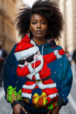 Dark Blue Casual Christmas Snowman Print Long Sleeve Fall Winter Hooded Sweatshirt