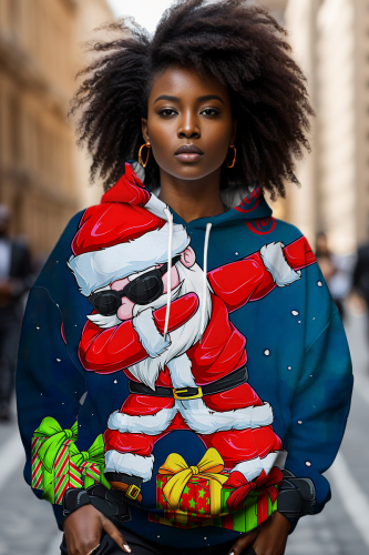 Dark Blue Casual Christmas Snowman Print Long Sleeve Fall Winter Hooded Sweatshirt