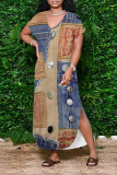 Dark Blue Faux Denim Print Long Sleeve Side Slit Floor Length Loose Vacation Baggy Maxi T-shirt Dress