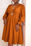 Brown Casual Beading V Neck Lantern Sleeve Ruffle Trim Formal Evening Party Wedding Guest A Line Pleated Midi Dresses