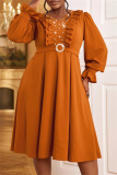 Brown Casual Beading V Neck Lantern Sleeve Ruffle Trim Formal Evening Party Wedding Guest A Line Pleated Midi Dresses