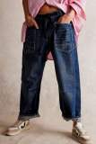 Dark Blue Casual Pocket Mid Waist Straight Leg Distressed Denim Jeans