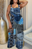 Dark Khaki Casual Boho Faux Denim Print V Neck Sleeveless Vacation Plus Size Wide Leg Cami Jumpsuits