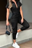 Silver Gray Casual Pocket With Belt Zipper Turndown Collar Short Sleeve Cargo Jumpsuits Overalls