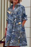 Blue Khaki Casual Faux Denim Print Buttons Turndown Collar Long Sleeve Vacation Mini Shirt Dresses