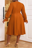 Brown Casual Beading V Neck Lantern Sleeve Ruffle Trim Formal Evening Party Wedding Guest A Line Pleated Midi Dresses