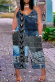 Dark Blue Casual Boho Faux Denim Print V Neck Sleeveless Vacation Plus Size Wide Leg Cami Jumpsuits