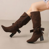 Casual Bow Decor Round Knee High Heel Mid Calf Boots