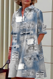 Blue Khaki Casual Faux Denim Print Buttons Turndown Collar Long Sleeve Vacation Mini Shirt Dresses