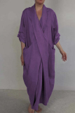 Green Casual Pocket Slit V Neck Half Sleeve Long Loose Vacation Cotton And Linen Maxi Dresses