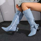 Casual Bow Decor Round Knee High Heel Mid Calf Boots