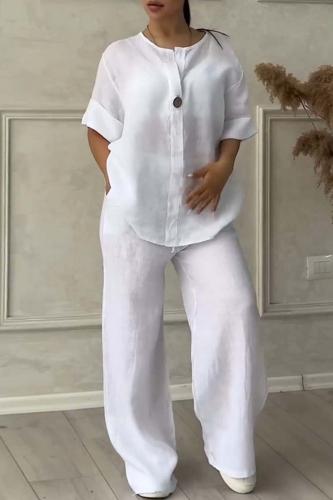 Light Pink Casual V Neck Long Sleeve Cotton Linen Blouse And Wide Leg Pants Vacation Two Pieces Trouser Sets