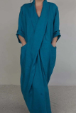 Green Casual Pocket Slit V Neck Half Sleeve Long Loose Vacation Cotton And Linen Maxi Dresses
