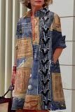 Blue Khaki Casual Faux Denim Print Buttons Turndown Collar Long Sleeve Vacation Mini Shirt Dresses