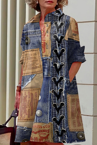 Blue Khaki Casual Faux Denim Print Buttons Turndown Collar Long Sleeve Vacation Mini Shirt Dresses