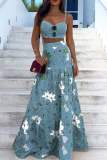 Grey Floral Print Backless Spaghetti Strap Sleeveless Cami Crop Tops And Ruffle Hem Pleated Maxi Skirt Vacation Two Pieces Dress Sets