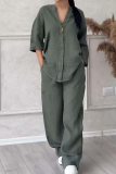 Light Pink Casual V Neck Long Sleeve Cotton Linen Blouse And Wide Leg Pants Vacation Two Pieces Trouser Sets