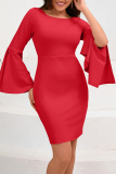 Pink Casual O Neck Slit Flare Sleeves Pencil Skirt Formal Evening Party Bodycon Midi Dress