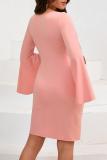 Pink Casual O Neck Slit Flare Sleeves Pencil Skirt Formal Evening Party Bodycon Midi Dress