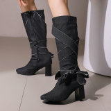 Casual Bow Decor Round Knee High Heel Mid Calf Boots