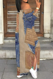 Dark Blue Faux Denim Print Off Shoulder Long Sleeve Side Slit Vacation Bodycon Maxi Dress
