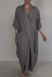 Green Casual Pocket Slit V Neck Half Sleeve Long Loose Vacation Cotton And Linen Maxi Dresses