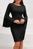 Pink Casual O Neck Slit Flare Sleeves Pencil Skirt Formal Evening Party Bodycon Midi Dress