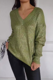 Silver Gray Casual V Neck Long Sleeve Knitted Sweater