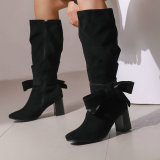 Casual Bow Decor Round Knee High Heel Mid Calf Boots