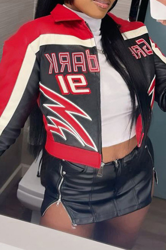 Red Street Letters Print Zipper Collar Long Sleeve Leather Motorcycle Crop Jacket
