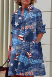 Blue Khaki Casual Faux Denim Print Buttons Turndown Collar Long Sleeve Vacation Mini Shirt Dresses