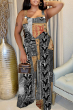 Dark Khaki Casual Boho Faux Denim Print V Neck Sleeveless Vacation Plus Size Wide Leg Cami Jumpsuits