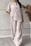 Light Pink Casual V Neck Long Sleeve Cotton Linen Blouse And Wide Leg Pants Vacation Two Pieces Trouser Sets