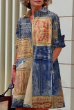 Blue Khaki Casual Faux Denim Print Buttons Turndown Collar Long Sleeve Vacation Mini Shirt Dresses