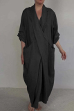 Green Casual Pocket Slit V Neck Half Sleeve Long Loose Vacation Cotton And Linen Maxi Dresses