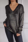 Silver Gray Casual V Neck Long Sleeve Knitted Sweater
