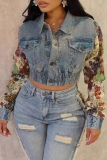 Light Blue Casual Floral Print Turndown Collar Long Sleeve Pocket Buckle Patchwork Denim Jacket