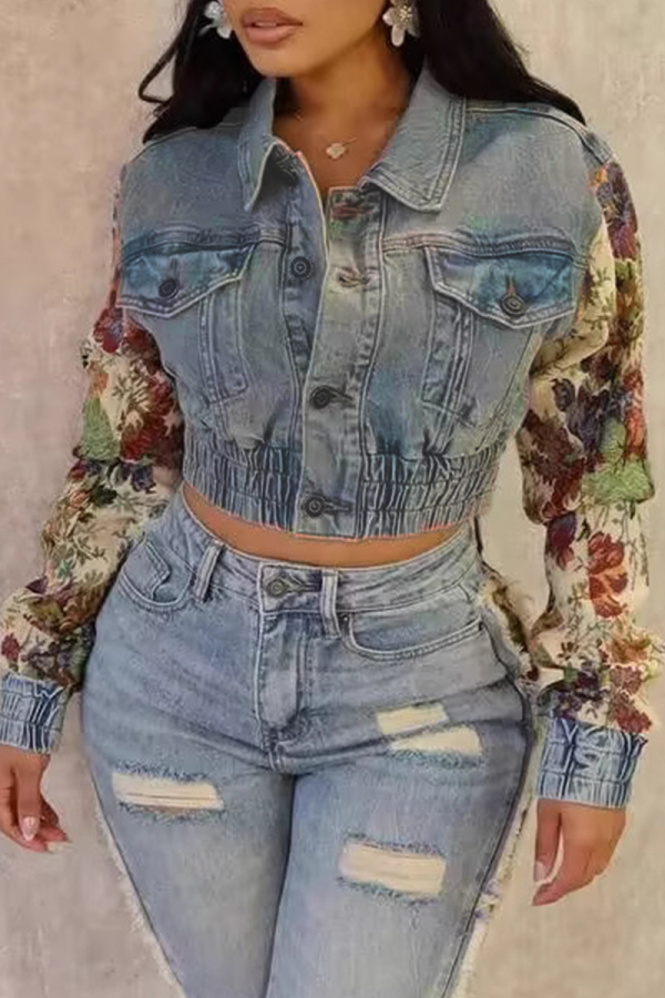 Light Blue Casual Floral Print Turndown Collar Long Sleeve Pocket Buckle Patchwork Denim Jacket