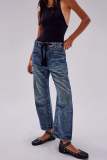 Dark Blue Casual Pocket Mid Waist Straight Leg Distressed Denim Jeans