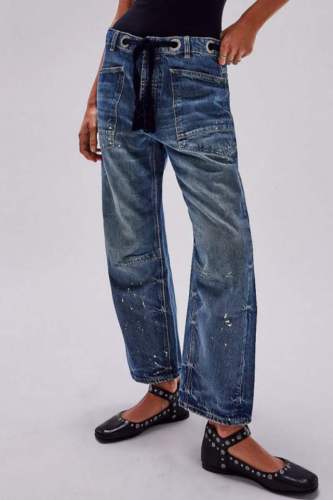 Dark Blue Casual Pocket Mid Waist Straight Leg Distressed Denim Jeans