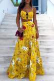 Grey Floral Print Backless Spaghetti Strap Sleeveless Cami Crop Tops And Ruffle Hem Pleated Maxi Skirt Vacation Two Pieces Dress Sets