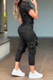Silver Gray Casual Pocket With Belt Zipper Turndown Collar Short Sleeve Cargo Jumpsuits Overalls