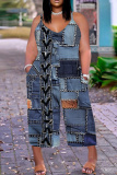 Dark Blue Casual Boho Faux Denim Print V Neck Sleeveless Vacation Plus Size Wide Leg Cami Jumpsuits