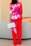 Rose Red Casual Floral Print Buttons Turn-back Collar Long Sleeve Blazer Jackets And Wide Leg Pants Formal Office Lady Two Piece Suit Set