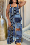 Dark Khaki Casual Boho Faux Denim Print V Neck Sleeveless Vacation Plus Size Wide Leg Cami Jumpsuits