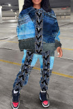 Dark Khak Faux Denim Print Long Sleeve Hooded Sweatshirt And Drawstring Pants Sportwear Casual Two Pieces Sweatpant Set